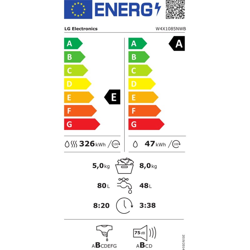 LG W4X1085NWB was‑droogcombinatie 8/5 kg met 6 Motion DD voor optimale stofverzorging, TurboWash 360 voor sneller wassen, Steam voor anti‑allergie en ThinQ slimme bediening. Energieklasse A