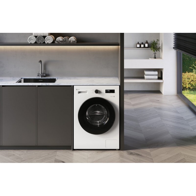 LG W4X1085NWB was‑droogcombinatie 8/5 kg met 6 Motion DD voor optimale stofverzorging, TurboWash 360 voor sneller wassen, Steam voor anti‑allergie en ThinQ slimme bediening. Energieklasse A