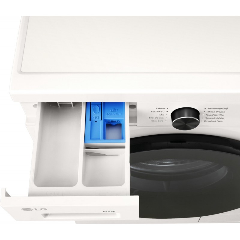 LG W4X1085NWB was‑droogcombinatie 8/5 kg met 6 Motion DD voor optimale stofverzorging, TurboWash 360 voor sneller wassen, Steam voor anti‑allergie en ThinQ slimme bediening. Energieklasse A