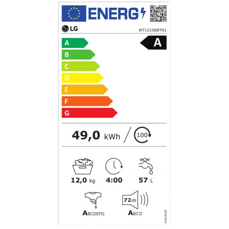 LG WashTower WT1210BBTN WiFi-compatibele wasdroger van 12 kg - Zwart