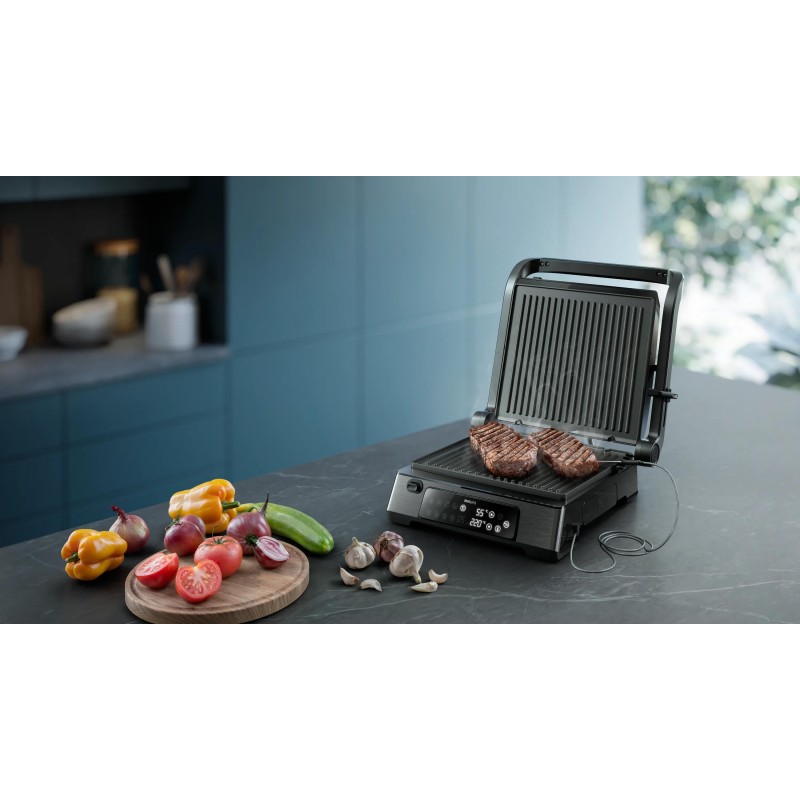 Philips Contactgrill HD6307/70 - 2200W – Digitaal Display - Voedselthermometer - Timerfunctie - Uitneembare Platen - 8 Programma’s - RVS - Zwart