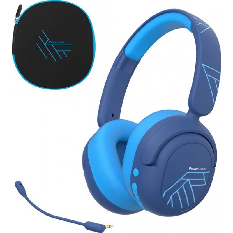 PowerLocus Lion - Koptelefoon kinderen - Kinder Koptelefoon Draadloos - Active Noise Cancelling - Volumelimiet 74/85/94 dB - Boom Microfoon voor Gaming - 70 Uur batterijduur - Blauw
