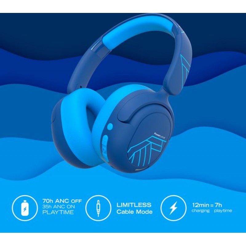 PowerLocus Lion - Koptelefoon kinderen - Kinder Koptelefoon Draadloos - Active Noise Cancelling - Volumelimiet 74/85/94 dB - Boom Microfoon voor Gaming - 70 Uur batterijduur - Blauw