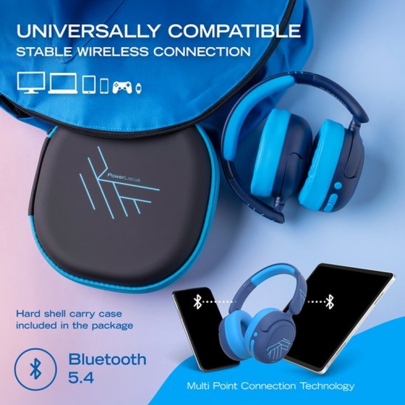 PowerLocus Lion - Koptelefoon kinderen - Kinder Koptelefoon Draadloos - Active Noise Cancelling - Volumelimiet 74/85/94 dB - Boom Microfoon voor Gaming - 70 Uur batterijduur - Blauw