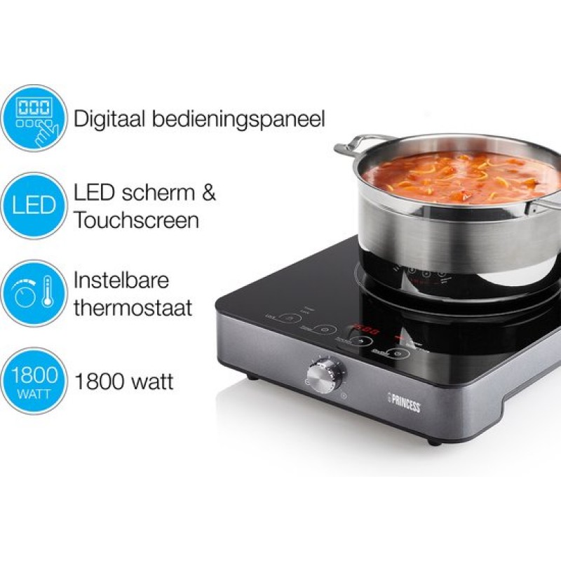 Princess 303010 Inductie Kookplaat - Vrijstaande inductieplaat - Digitaal - LED-display - 1800 Watt - Zwart - Elektrische kookplaat