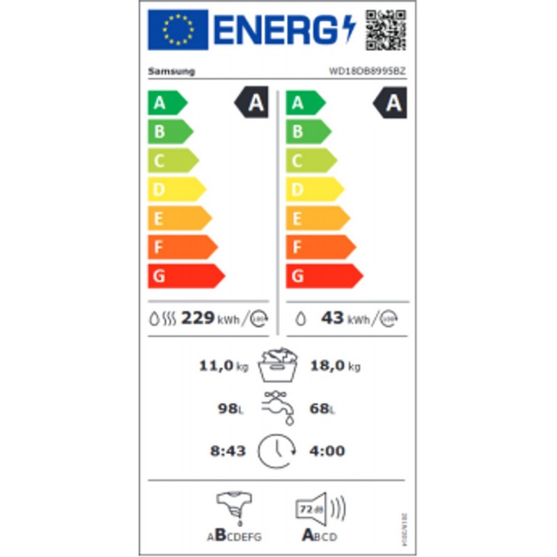 Samsung WD18DB8995BZ Was-droogcombinatie Vrijstaand Voorbelading Zilver A
