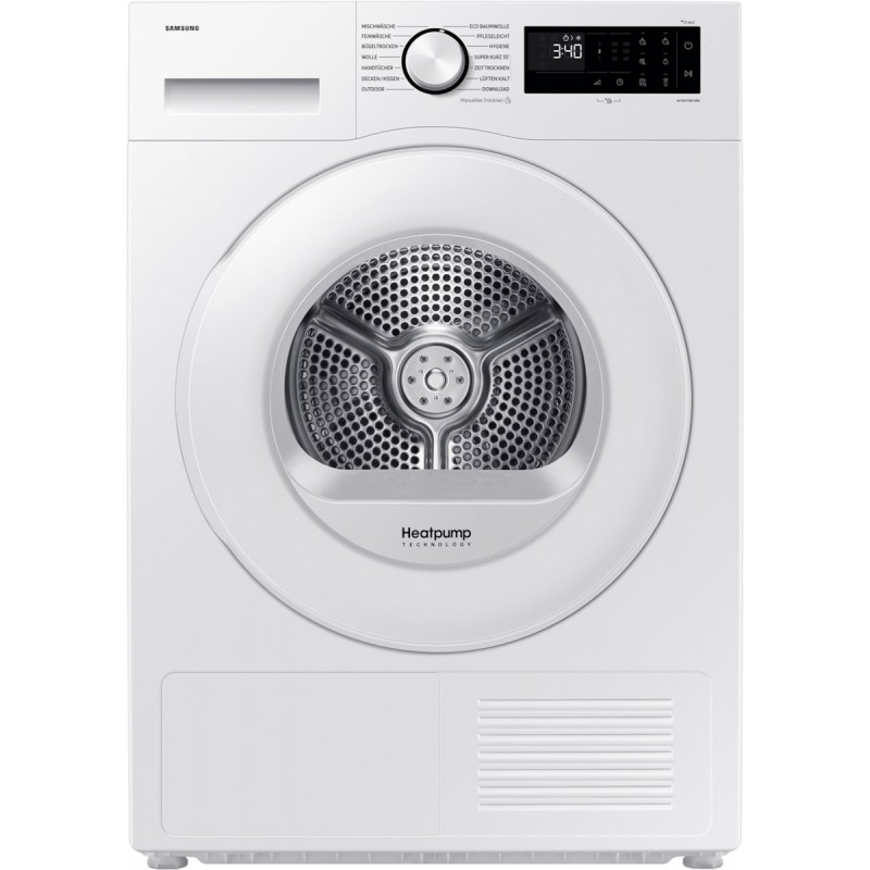 Samsung DV90DG52A0TE, Vrijstaand, Voorbelading, Warmtepomp, Wit, Knoppen, Draaiknop, Glazen deur