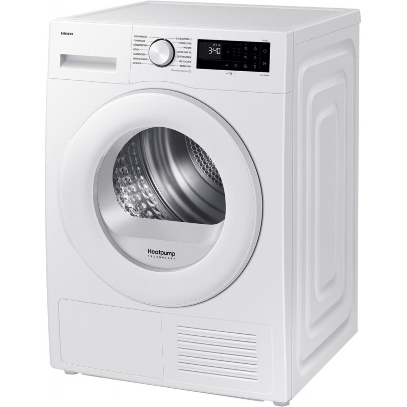 Samsung DV90DG52A0TE, Vrijstaand, Voorbelading, Warmtepomp, Wit, Knoppen, Draaiknop, Glazen deur