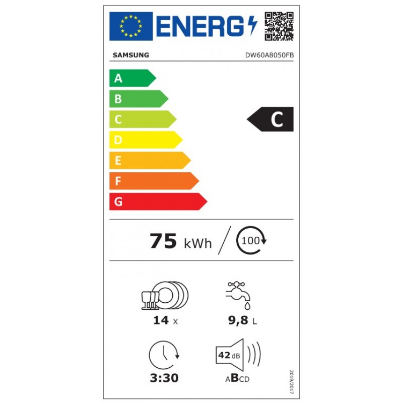 Samsung DW60A8050FB - Onderbouw vaatwasser - C label - 14 couverts - Geluidsniveau: 42 dB - Uittrekbare lade - Verstelbare bovenkorf