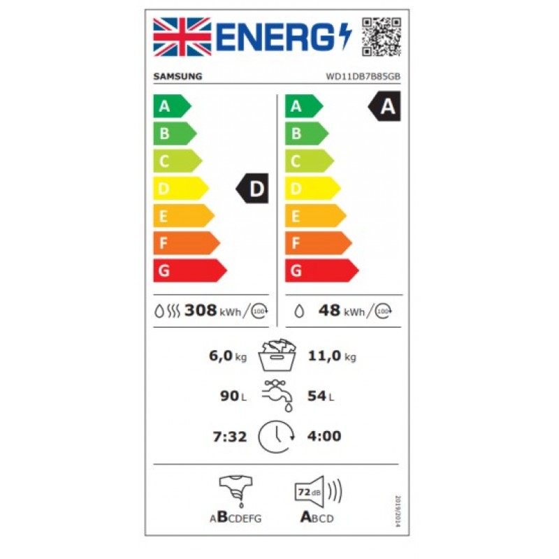 SAMSUNG Series 7 AI Energy WD11DB7B85GBU1 WiFi-compatibele wasdroog combinatie van 11 kg - Zwart
