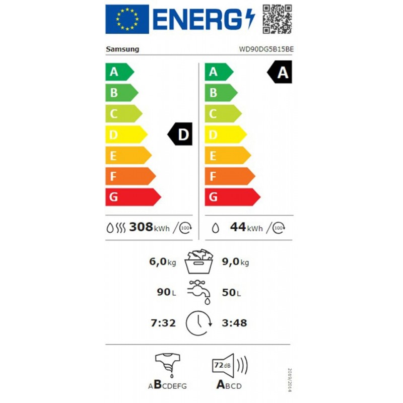 Samsung WD90DG5B15BE - Was-droogcombinatie - 9 kg wassen - 6 kg drogen - 1400 tpm - EcoBubble - Energieklasse D