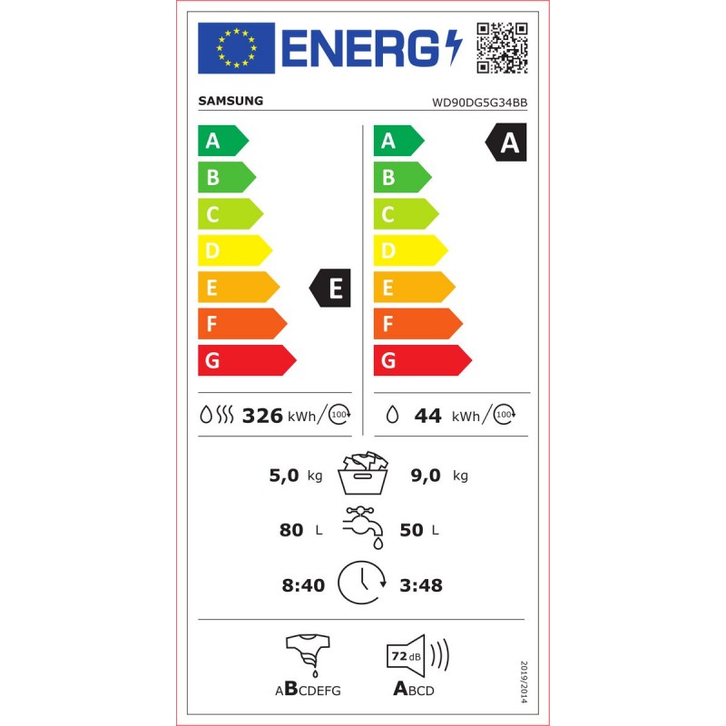 Samsung WD90DG5G34BB, Voorbelading, Vrijstaand, Zwart, Links, Zwart, LED