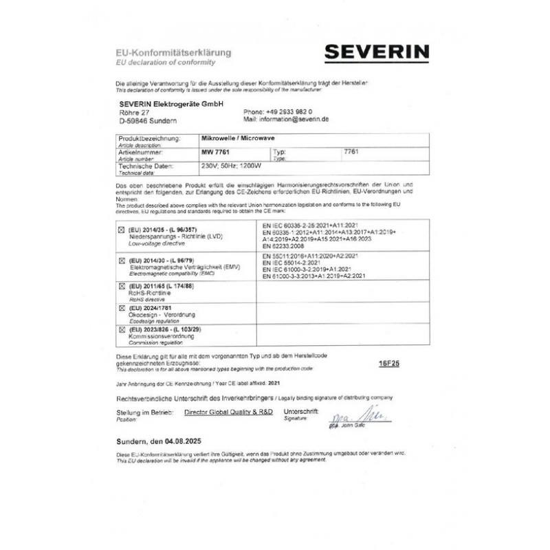 Severin MW 7761 - Solo Magnetron - vrijstaand - geen draaiplateau / meer ruimte / makkelijk schoonmaken - zwart