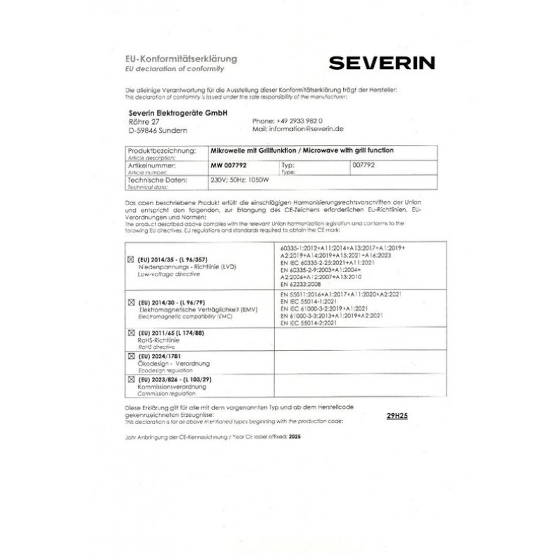 Severin MW 7792 Magnetron met grill - 20 Liter - Zwart