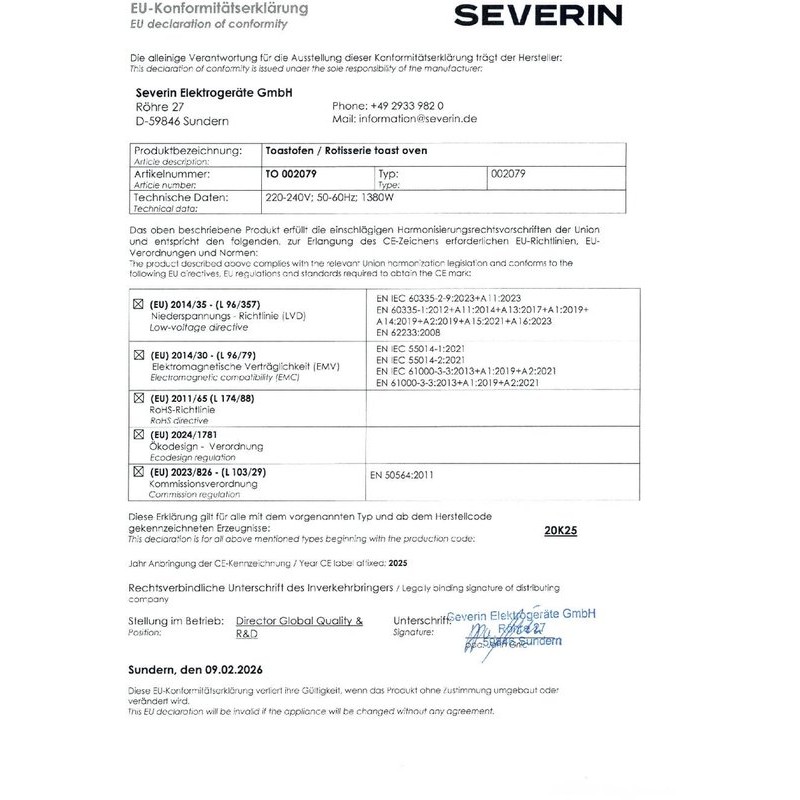 Severin TO 2079 Bak- en Toastoven met Pizzasteen & Draaispit - Hetelucht - 20 Liter - 1600 W