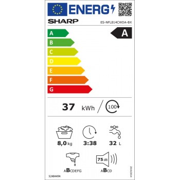 Sharp-ESNFL814CWDABX - wasmachine-energie label A - 8kg - 1400RPM