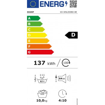 Sharp KDWNL0S9BDBE - warmtepomp droger - 10KG - energie label D - 15 programma's - WIFI - LED trommelverlichting - white LED display - mat zwart