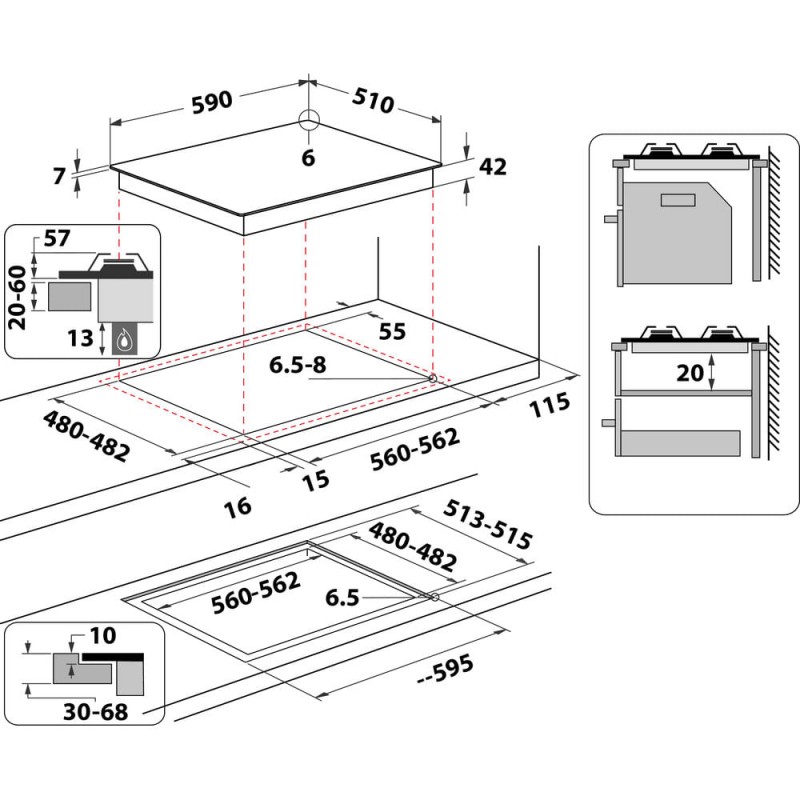 Whirlpool AKT 625/NB1 - Zwart - Ingebouwd - 59 cm - Gaskookplaat - 4 zone(s)