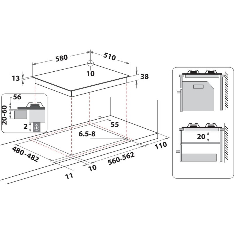 gaskookplaat 58cm 4 branders 7800w RVS - whirlpool - TGML660IX