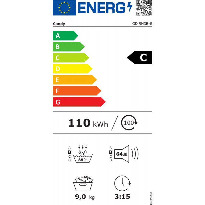 Candy GD 9N3B-S - Wasdroger - 9kg - 16 programma’s - 5 korte programma's - AI Smart Move - Soft Touch Functie - Energieklasse C