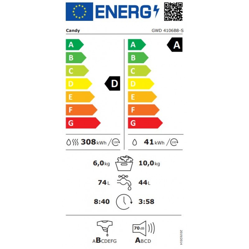 Candy GWD 4106B8-S - Was-droogcombinatie - 10+6kg - A-20%/D - Extra stil (70 dB) - Soft Drum - 16 programma’s