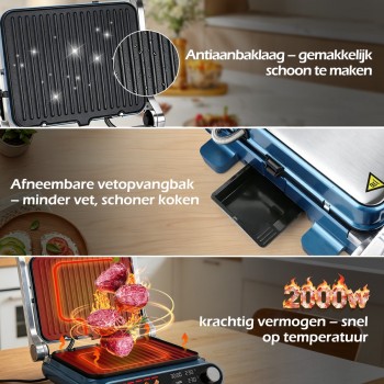 Taylor Swoden Contactgrill - Tosti apparaat - Dubbele Temperatuurregeling - Tosti ijzer - 2000W - Panini Grill met Touchscreen en Draaiknop - 180° Uitklapbaar - Temperatuursonde - Instelbare Hoogte