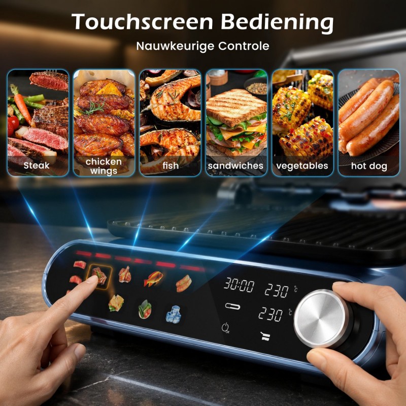 Taylor Swoden Contactgrill - Tosti apparaat - Dubbele Temperatuurregeling - Tosti ijzer - 2000W - Panini Grill met Touchscreen en Draaiknop - 180° Uitklapbaar - Temperatuursonde - Instelbare Hoogte