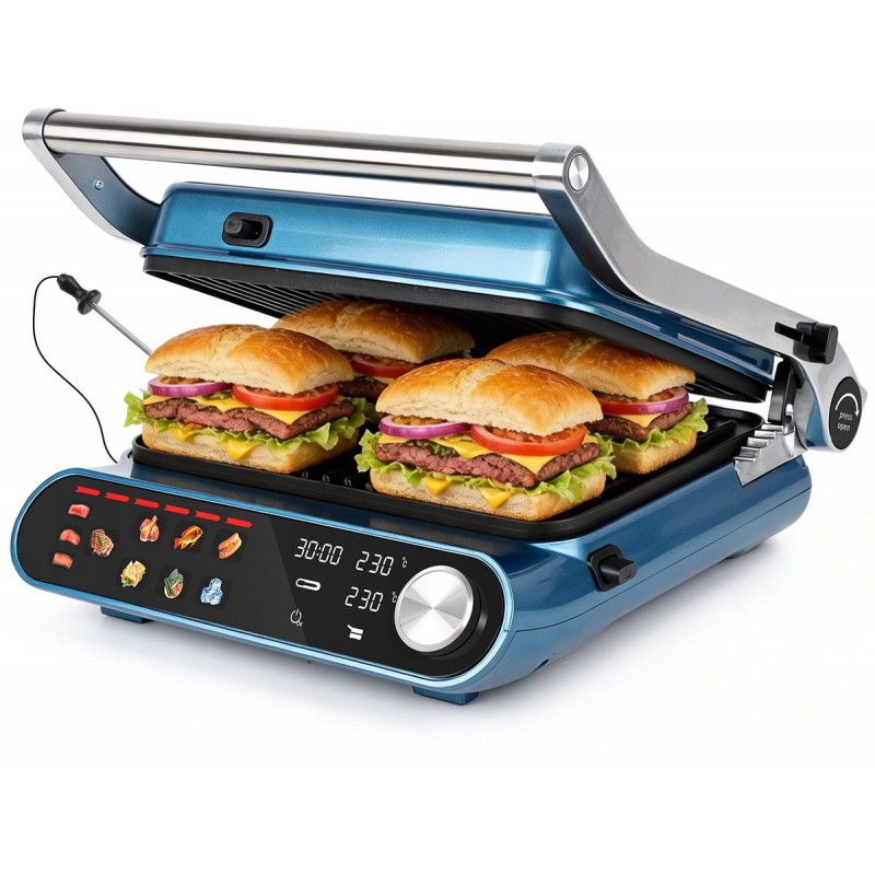 Taylor Swoden Contactgrill - Tosti apparaat - Dubbele Temperatuurregeling - Tosti ijzer - 2000W - Panini Grill met Touchscreen en Draaiknop - 180° Uitklapbaar - Temperatuursonde - Instelbare Hoogte
