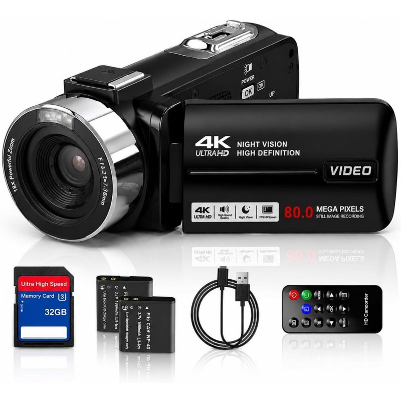 4K Camcorder met 80MP - Videocamera Full HD - Vlog camera - IR Nachtzicht - 18x Digitale Zoom - 3 Inch Draaibaar Scherm - 32GB SD - 2 Accu’s en Afstandsbediening