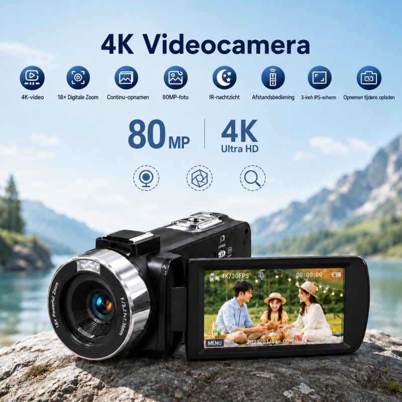 4K Camcorder met 80MP - Videocamera Full HD - Vlog camera - IR Nachtzicht - 18x Digitale Zoom - 3 Inch Draaibaar Scherm - 32GB SD - 2 Accu’s en Afstandsbediening