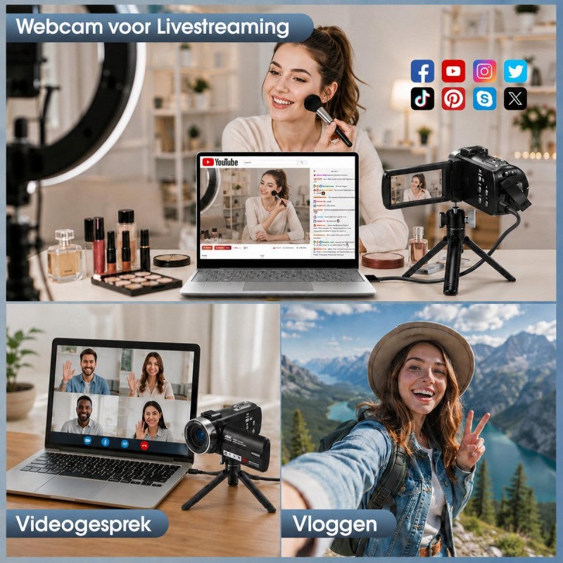 4K Camcorder met 80MP - Videocamera Full HD - Vlog camera - IR Nachtzicht - 18x Digitale Zoom - 3 Inch Draaibaar Scherm - 32GB SD - 2 Accu’s en Afstandsbediening