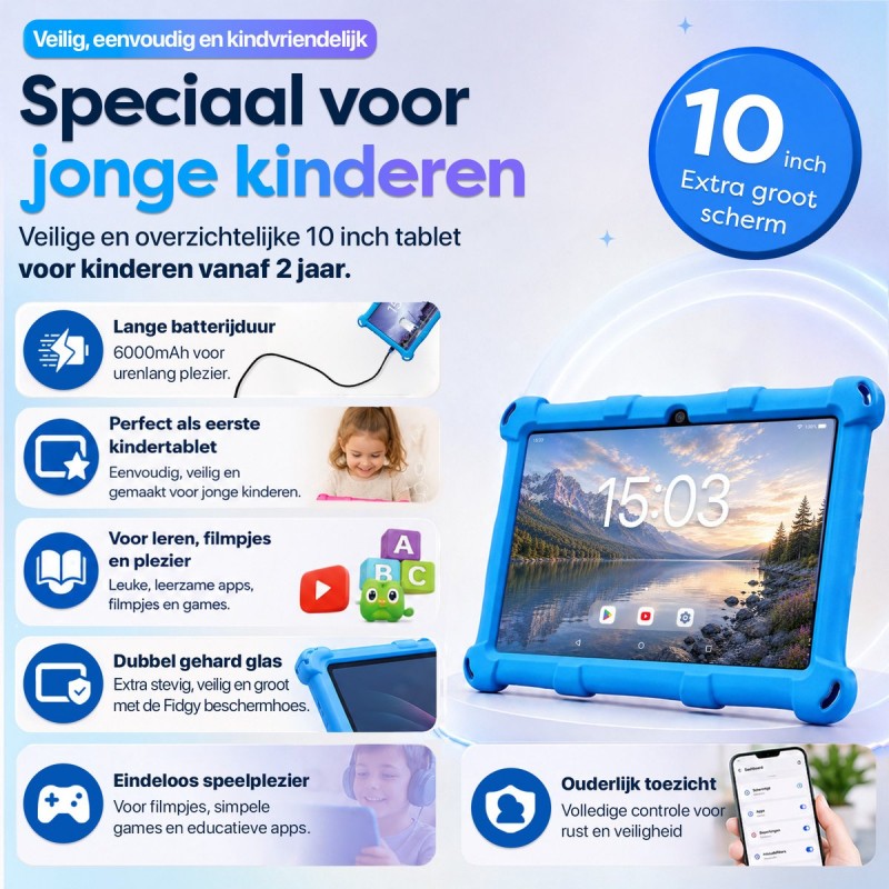 AngelTech Kindertablet XL – 3+4GB RAM - 32GB – Android 15 - 100%Kidsproof - Extra Groot – Vanaf 3 Jaar - Ook Voor Volwassen Gebruik - 10 Inch - Ouderlijk Toezicht – Fidgy Beschermhoes – Blauw