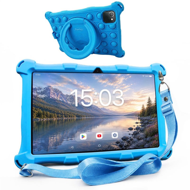 AngelTech Kindertablet XL – 3+4GB RAM - 32GB – Android 15 - 100%Kidsproof - Extra Groot – Vanaf 3 Jaar - Ook Voor Volwassen Gebruik - 10 Inch - Ouderlijk Toezicht – Fidgy Beschermhoes – Blauw