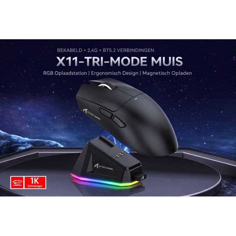 ATTACK SHARK X11 - RGB Gaming Muis - Magnetisch Oplaaddock - PAW 3311 Sensor - 59g Lichtgewicht - Bedraad + 2.4G + BT - 22.000 DPI - Zwart