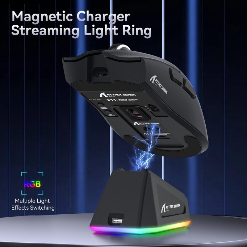 ATTACK SHARK X11 - RGB Gaming Muis - Magnetisch Oplaaddock - PAW 3311 Sensor - 59g Lichtgewicht - Bedraad + 2.4G + BT - 22.000 DPI - Zwart