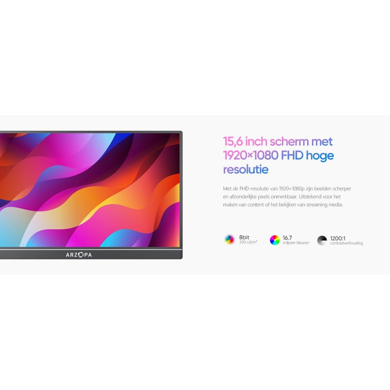 Arzopa Portable Monitor – A1 Kickstand - Portable lichtgewicht Draagbaar Reis Monitor - Ultradun - sRGB 100% - Speakers - Metalen Frame - 15.6 inch