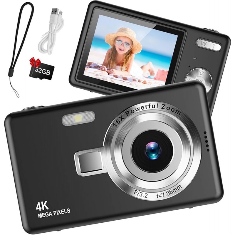 Digitale Camera 44MP - 1080P FHD Video - 2.4 Inch LCD Scherm - 16X Digitale Zoom - Compacte en Draagbare Vlogcamera - Anti Shake Functie - Inclusief 32GB SD Kaart - Zwart