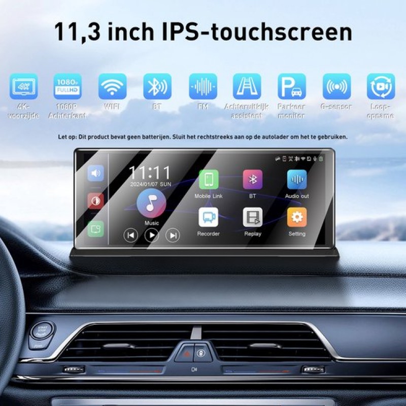 ESSGOO CarPlay Scherm 11,3 inch - 4K Display - Dashcam - Draadloze CarPlay en Android Auto - Touchscreen - Zwart