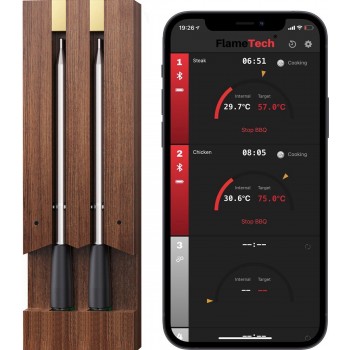 FlameTech® Two | De ultieme draadloze vleesthermometer met 90m bereik | Voor Oven, Grill, BBQ, Pannen & Rotisserie | Temperatuurmeter met bluetooth app