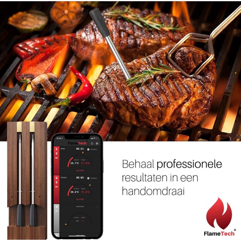 FlameTech® Two | De ultieme draadloze vleesthermometer met 90m bereik | Voor Oven, Grill, BBQ, Pannen & Rotisserie | Temperatuurmeter met bluetooth app