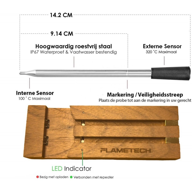 FlameTech® Two | De ultieme draadloze vleesthermometer met 90m bereik | Voor Oven, Grill, BBQ, Pannen & Rotisserie | Temperatuurmeter met bluetooth app