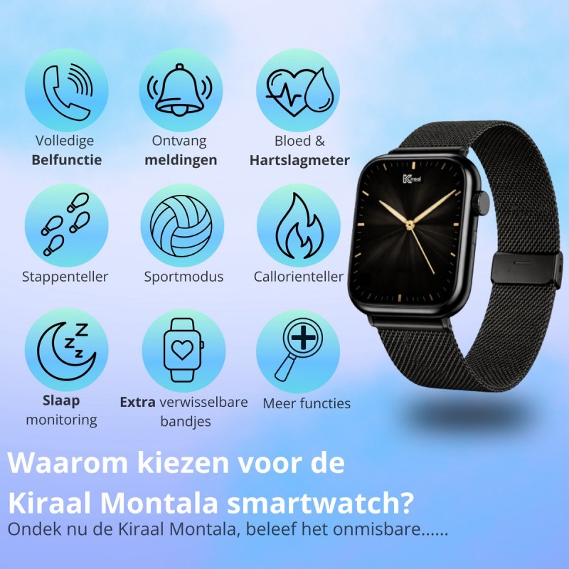 Kiraal Montala Smartwatch - Hartslagmeter - Stappenteller - Slaapmonitor - Multisport - Compatibel met Android en iOS - Zwart