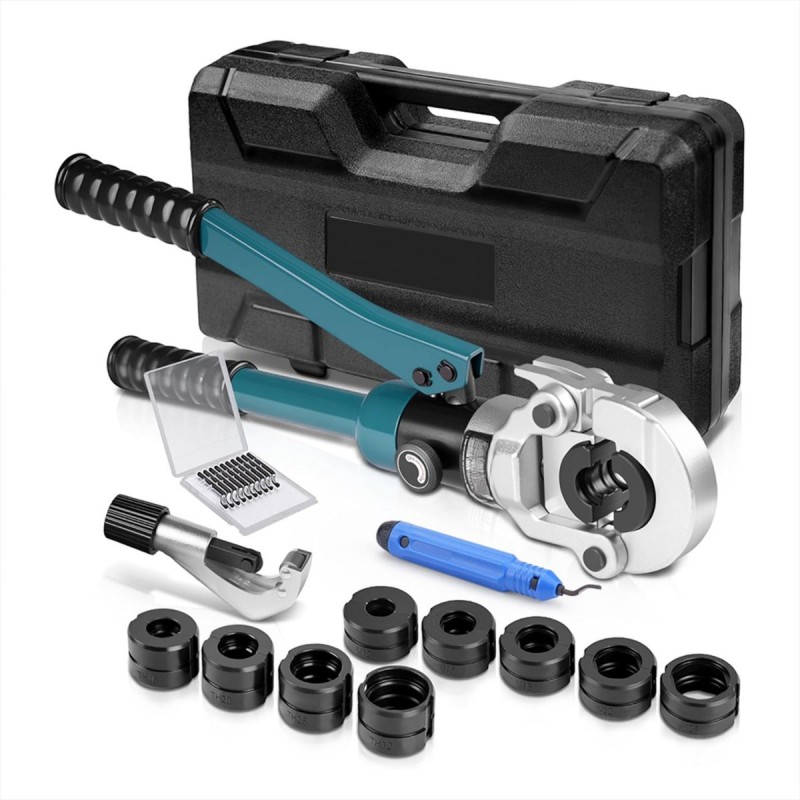 Malmoo Perstang Waterleiding - Hydraulische Krimptang met TH- & V-Persbekken - Inclusief Buissnijder & Ontbramer - Geschikt voor Henco & Alpex