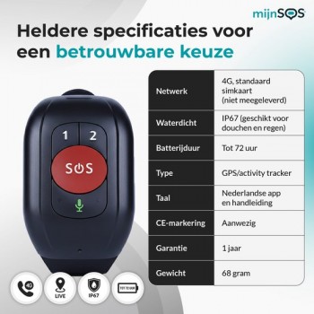 MijnSOS® SOS Noodknop - Alarmknop voor Ouderen - GPS Tracker 4G - Senioren Alarmhorloge - Valdetectie - Personenalarmering Dementie - Hartslag-, Bloeddruk- & Temperatuurmeting - Waterdicht IP67 - Inclusief App