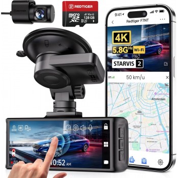 RedTiger F7NTouch - Dual Dashcam voor auto - Ultra 4K & 1080P - Voor en Achter Camera - 2025 model - Met Touchscreen - WiFi en GPS - 3.20 Inch met App - Sony Sensor Nachtzicht - Dashcams - Parkeerbewaking - G Sensor - Loop opname - 128GB SD Kaart