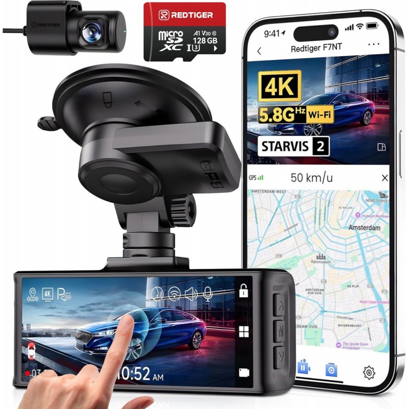RedTiger F7NTouch - Dual Dashcam voor auto - Ultra 4K & 1080P - Voor en Achter Camera - 2025 model - Met Touchscreen - WiFi en GPS - 3.20 Inch met App - Sony Sensor Nachtzicht - Dashcams - Parkeerbewaking - G Sensor - Loop opname - 128GB SD Kaart