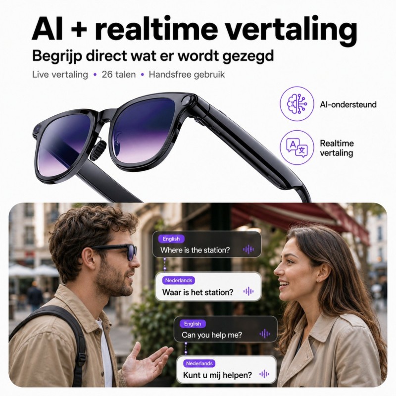 Royal Empire Smart Glasses Pro, Slimme Bril met Camera en AI Vertaling - NL App - Open-Ear Audio & Bellen - Inclusief 3 Verwisselbare Glazen - Zwart