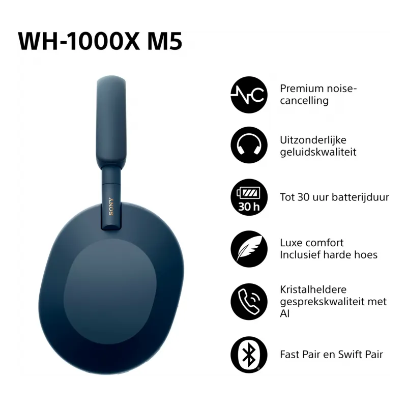 Sony WH-1000XM5 – Draadloze koptelefoon met Noise Cancelling - Blauw