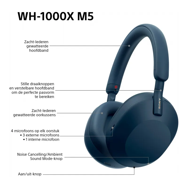 Sony WH-1000XM5 – Draadloze koptelefoon met Noise Cancelling - Blauw
