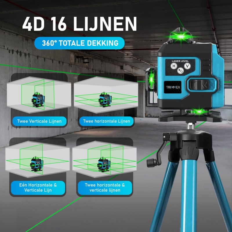 Trimmex® Kruislijnlaser + Statief - 16 Zelfnivellerend Bouwlaser - Inclusief Opbergtas - 360° - Lijnlasers - Laser Waterpas - Inclusief accessoires - 2 accu's